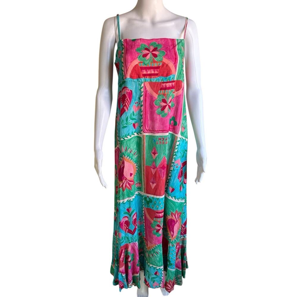 Paper Heart Maxi Dress L Heart Floral Patchwork Open Back Tie Bow Boho